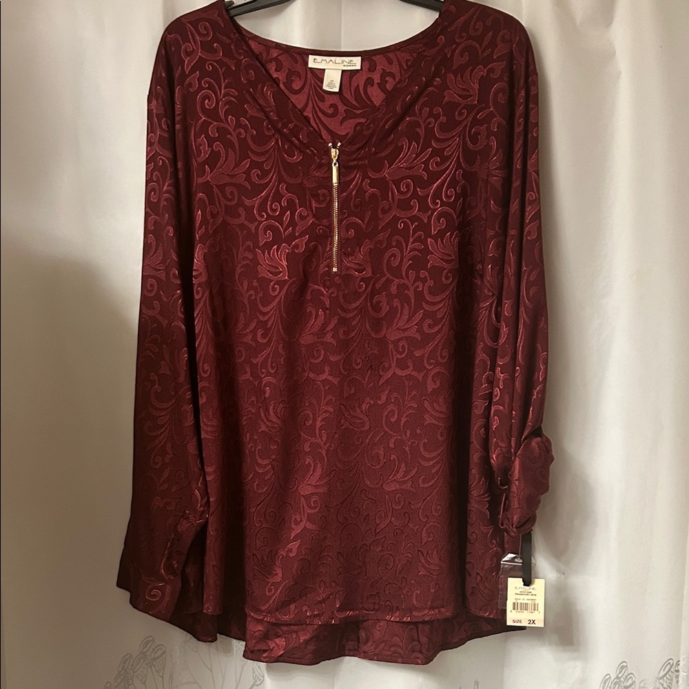 Emaline woman new polyester‎ Burgundy Patterned Blouse with Zip Detail. Size 2x